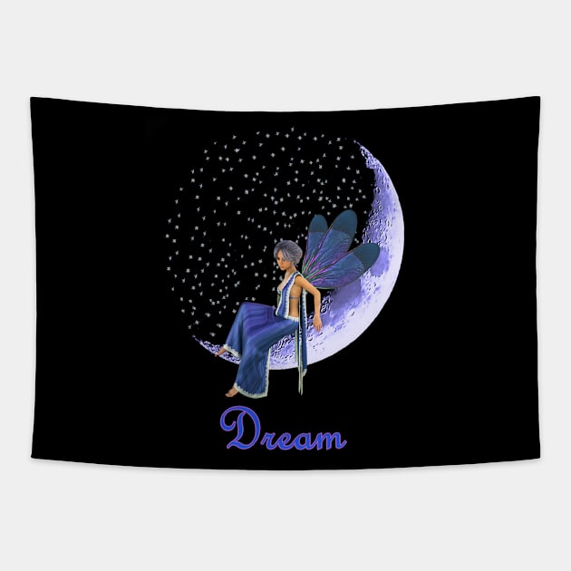 Fairy faerie elf sitting on sickle moon with stars saying dream Tapestry by Fantasyart123