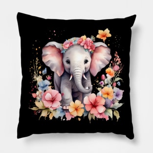 A baby elephant decorated with beautiful watercolor flowers Pillow