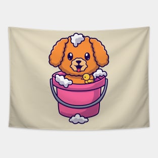 Cute Poodle Dog Bathing In Bucket With Bubble Cartoon Tapestry