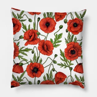 Poppies, red and green on  white Pillow