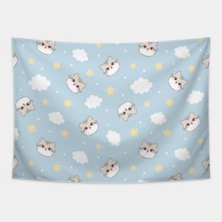 Pattern with white gray cat face, clouds and stars Tapestry