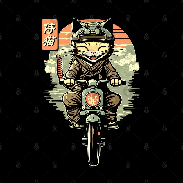 Japanese Samurai Cat on Motorcycle Kawaii Ninja Cat by Apocatnipse Meow