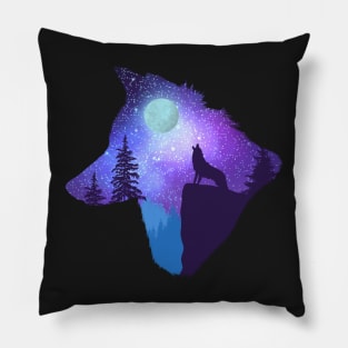 Howling at the moon, wolf head silhouette - blue Pillow