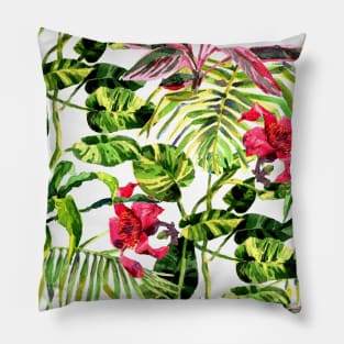 Tropical Background. watercolor tropical leaves and plants. Hand painted jungle greenery background Pillow