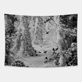 Birds in the cold forest facing a blizzard, some fly while the snow falls Tapestry