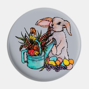 Watercolor Easter Bunny with watering can full of flowers Pin
