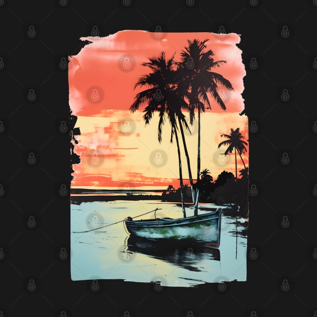 Palm Trees Sunset Tropical Beach Boat Seascape Graphic by Pine Hill Goods