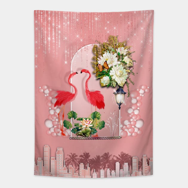 Wonderful flamingos with tropical flowers Tapestry by Nicky2342