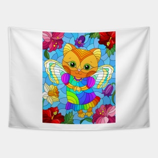 Angel Cat In Flower Garden Stained Glass Pattern Design Tapestry