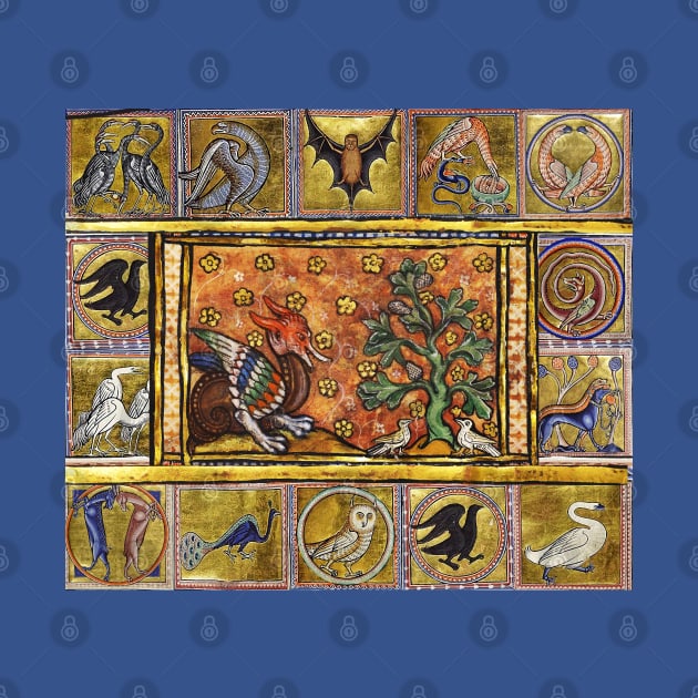 MEDIEVAL BESTIARY,RED DRAGON ,TREE OF LIFE AND BIRDS ,FANTASTIC ANIMALS IN GOLD RED BLUE COLORS by BulganLumini