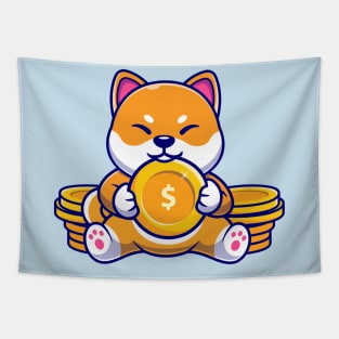 Cute Shiba Inu Dog With Gold Coin Cartoon Tapestry