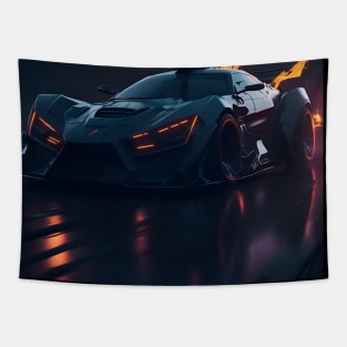 Dark Neon City Sports Car Tapestry