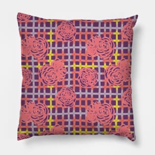 Roses on Plaid Pattern - Purple Pillow