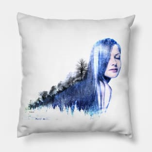 Woman with snow mountain in her hair Pillow