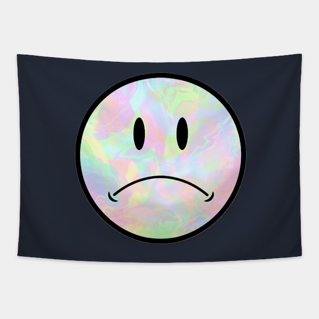 Holo Trippy Sad Frown Face Black Outline closer eyes Tapestry by opptop