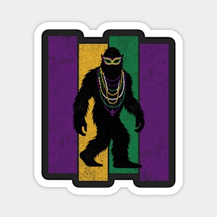 Mardi Gras Bigfoot Sasquatch Funny Cryptid Creature with Fleur-de-Lis, Mask, and Beads Magnet