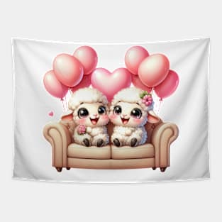 Valentine Sheep Couple Sitting Sofa Tapestry