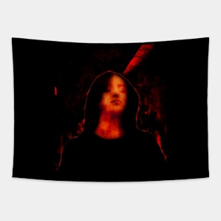 Beautiful girl, with closed eyes. Dark but beautiful. Red, black and orange. Tapestry