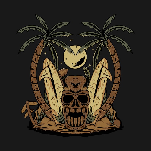 Tiki skull surfer palm trees beach .Hallloween by Prints by Hitz