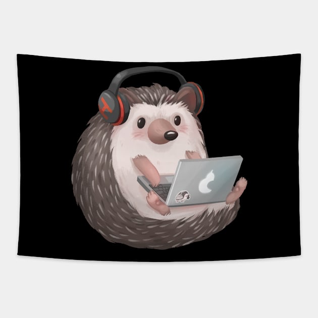 Cute Hedgehog Blogger on a Laptop Listening to Music Tapestry by PamelooArt