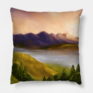 Sunset Mountains Landscape Oil Painting Pillow