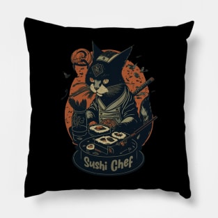 Retro Japanese-Inspired Feline Culinary Cat as Sushi Chef Pillow