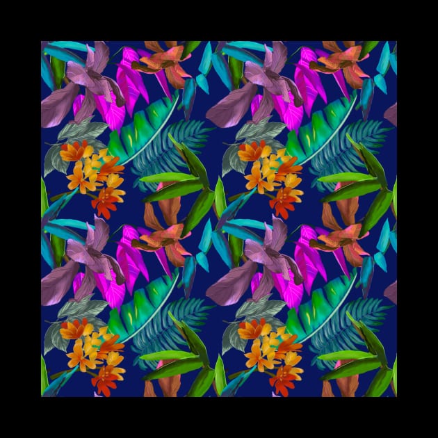 tropical floral leaves botanical garden, tropical plants,leaves and flowers, dark blue leaves pattern by Zeinab taha