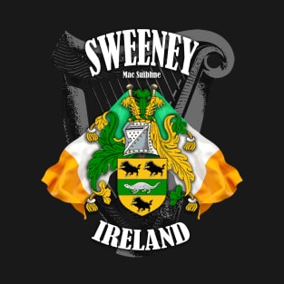 Sweeney Family Crest Ireland Coat of Arms and Irish Flags T-Shirt