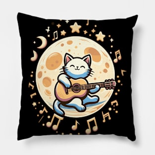 Cool and Cute Cat Playing Guitar under the Moon design Pillow