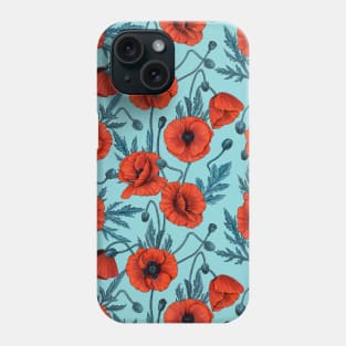 Poppies, red and blue on pool blue Phone Case