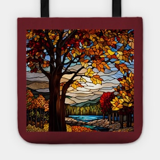 Stained Glass Autumn Forest Scene Tote