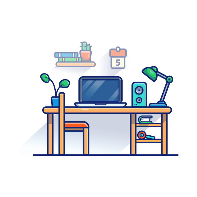 Desk, Laptop, Chair, Book, Lamp, Speaker, Plant, Calendar, And Floating Shelves Cartoon by Catalyst Labs