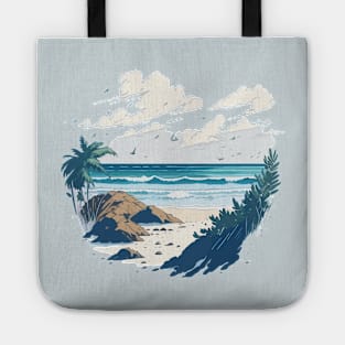 Tropical beach with palm trees and rocks. Tote