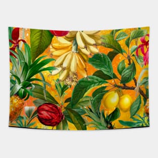 tropical exotic botanical illustration with floral tropical fruits, botanical pattern, fruit pattern, Yellow fruit pattern over a Tapestry