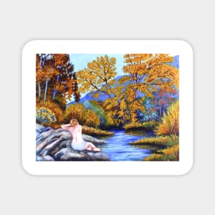 Woman girl on rocks relaxing watching the river flow zen yoga buddhism Magnet