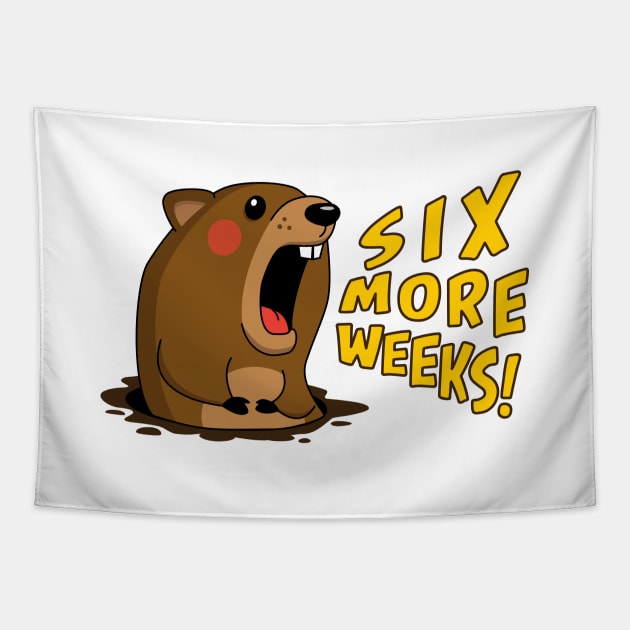 Cute Groundhog Screaming “Six More Weeks!” Holiday Tapestry by Elvdant