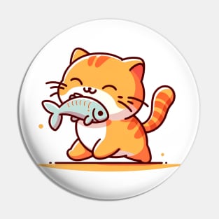 Joyful Feline The Happy Cat and Fish Illustration Pin