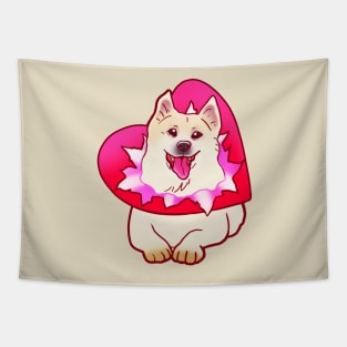 YOUR VALENTINE IS HERE (SHIBA SAMOYED) HEART PRESENT SHIRT Tapestry