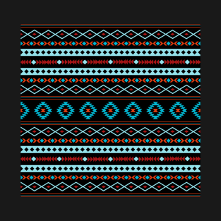 Aztec Blues Reds Black Mixed Motifs Pattern T-Shirt