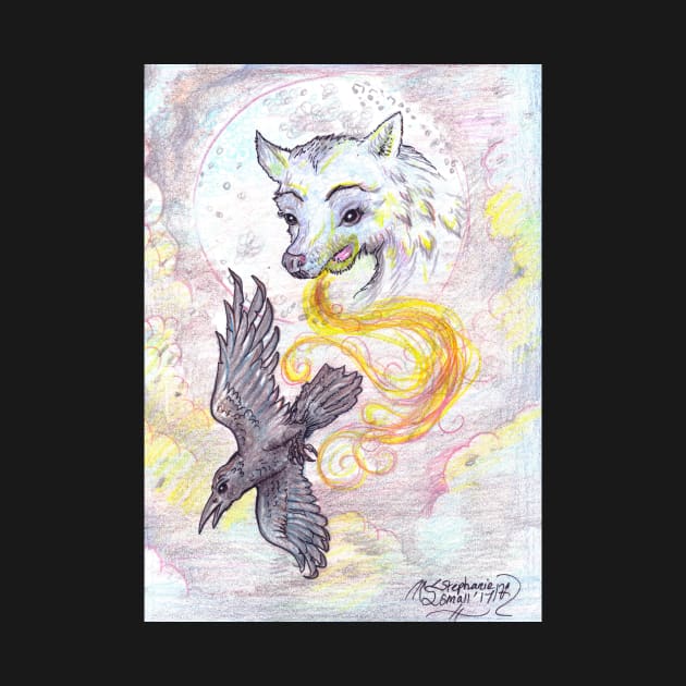 Raven Crow Bird Animals Flying Wings Winged Wolf Canine Dog Hound Howling Moon Full by pegacorna