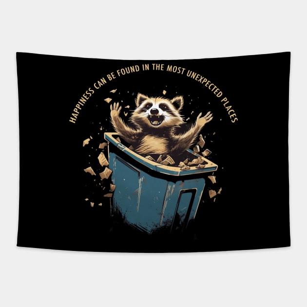 Happy Raccoon Trash Funny Text Quote Happiness Can Be Found Tapestry by origato