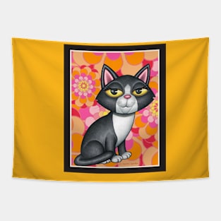 Cute Tuxedo Kitty with orange and pink flowers Tapestry