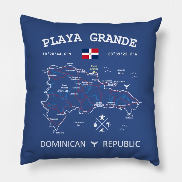Playa Grande Dominican Republic Flag Travel Map Coordinates GPS Pillow by French Salsa