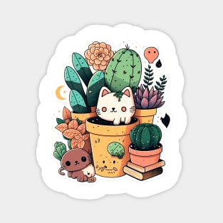 Cute kawaii plants and pots pack with cat Magnet