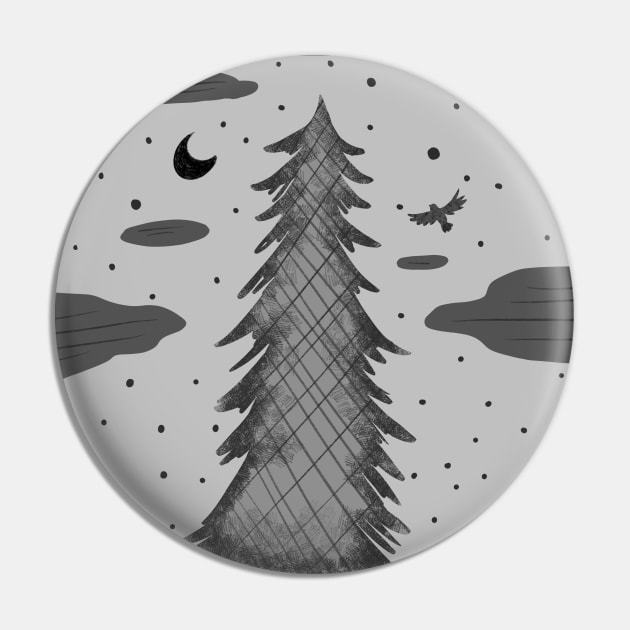 Monochromatic Fir Tree at Night Pin by narwhalwall