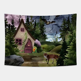 Dark Cottage: A full moon with bats and fox Tapestry