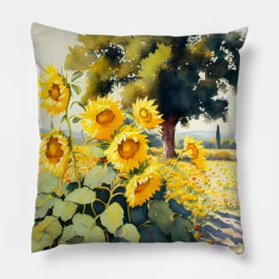 Watercolor Field of Sunflowers on a Sunny Day Pillow