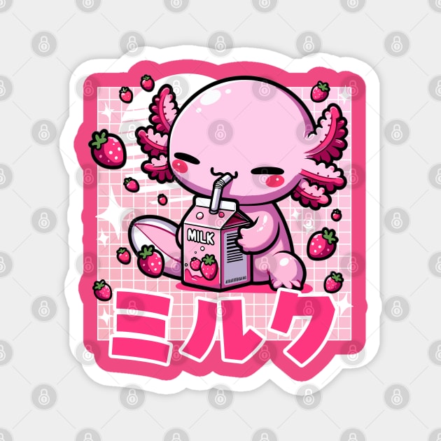 Kawaii Axolotl Drinking Strawberry Milk Magnet by DetourShirts