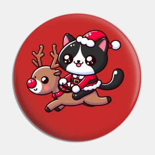 Tuxedo cat in santa costume, riding a reindeer Pin