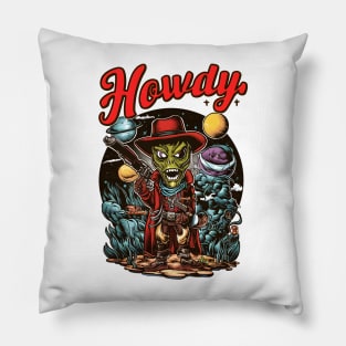 alien cowboy in the universe says howdy in vintage retro tattoo style. Pillow